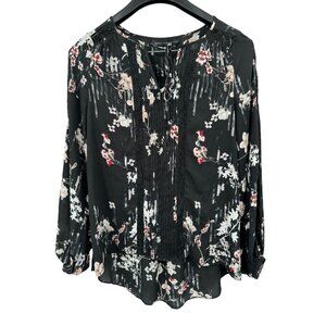 White House Black Market Floral Blouse Hi Lo Peasant Keyhole Tie Long Slv Size 4